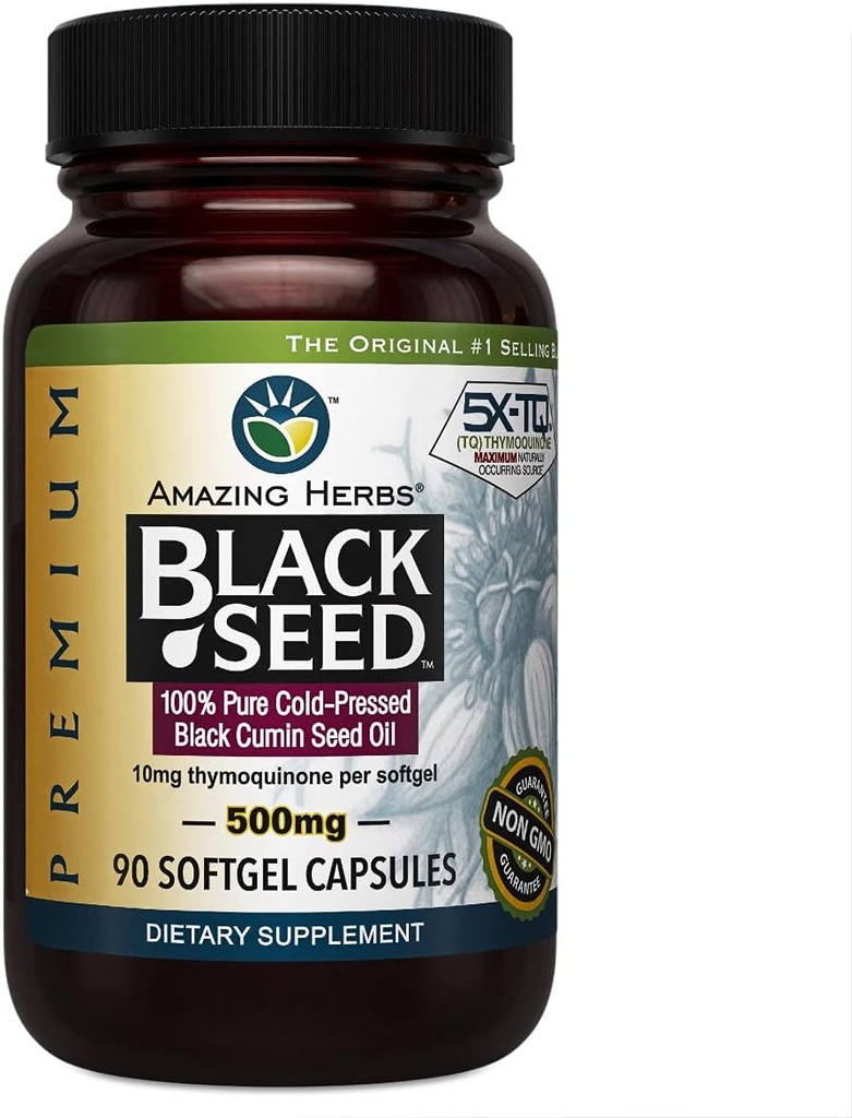 Amazing Herbs Premium Black Seed Oil Capsules - Cold Pressed Nigella Sativa AIDS i fordøjelsessygdomme, immunforsvar, hjernefunktion, Gluten Free, Non GMO - 90 Greve, 500mg