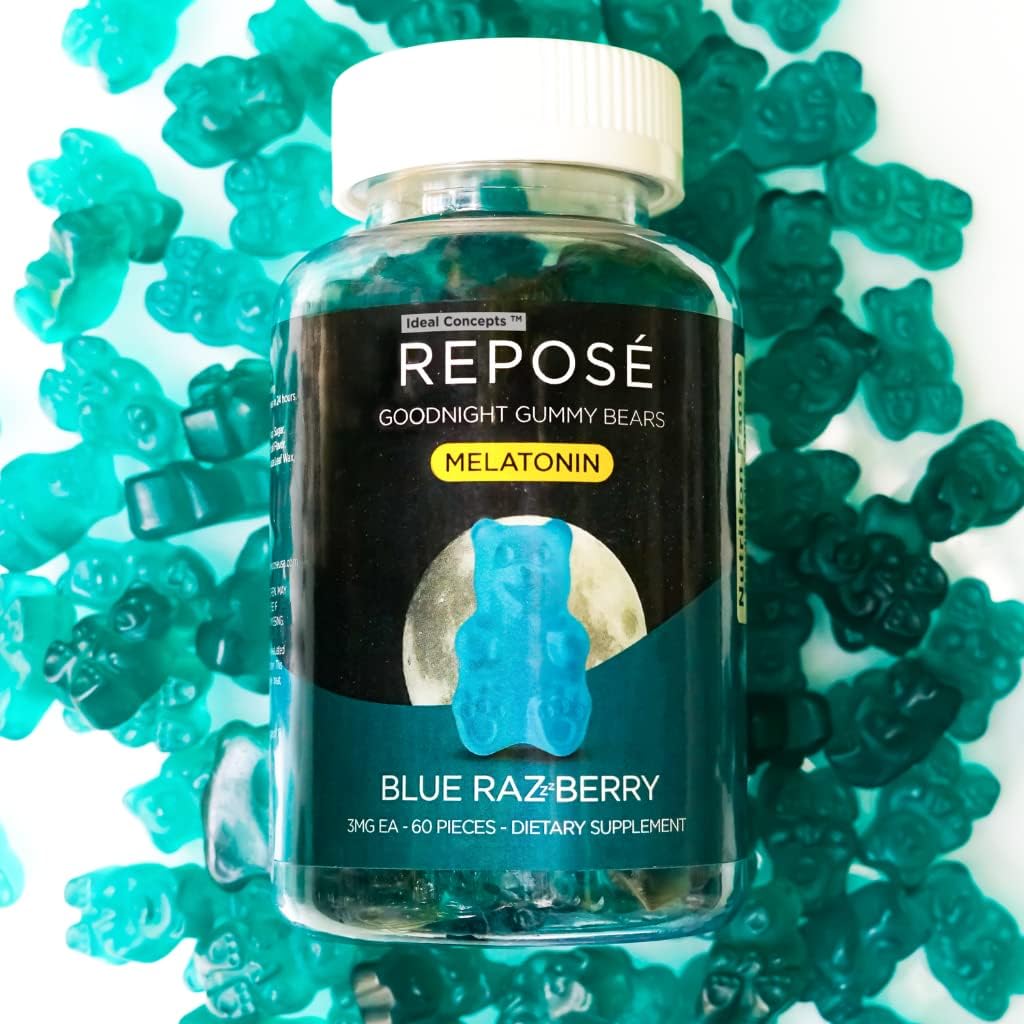 Reposé Night Melatonin Gummies 3 mg per servering, 30 dages flaske (60 Gummy Bears) - Chewable Sleep Supplement for voksne - Ikke Habit Forming Natural Sleep Aid