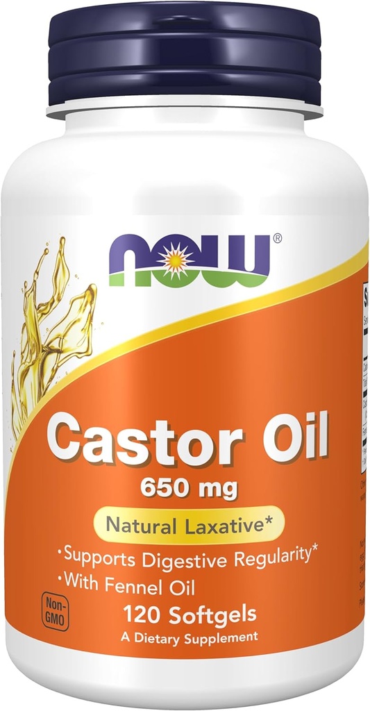 Now Foods Supplements, Castor Oil 650 mg med Fennel Oil, Natural Laxative *, 120 Softgels