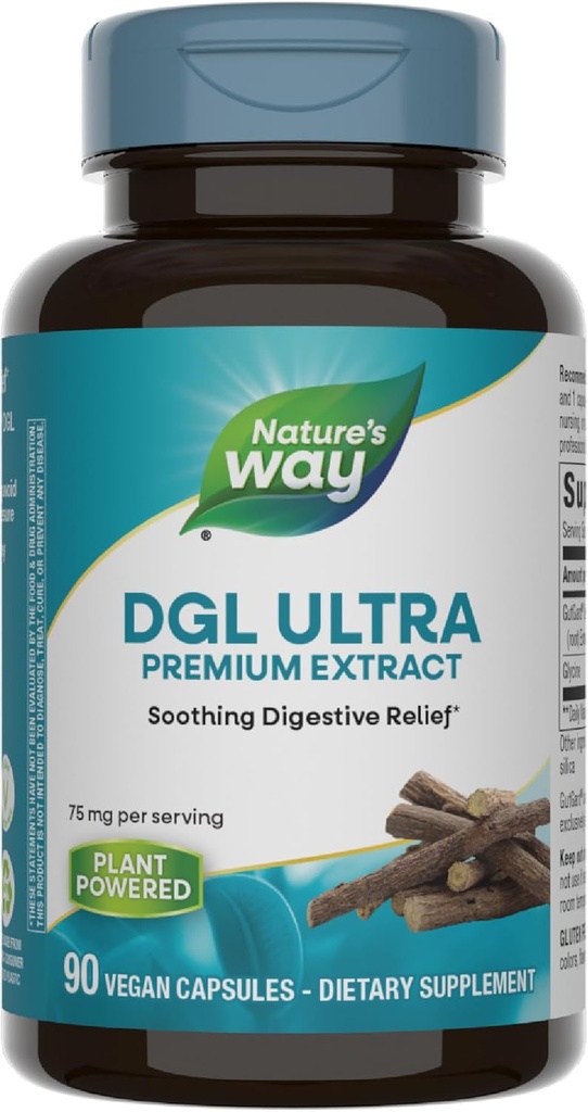 Nature 's Way DGL Ultra, Premium Licence Root Extract, Lindrende fordøjelsesbesvær *, Med GutGard, 75 mg per servering, No Gluten, 90 Vegan kapsler (Packaging May Vary)