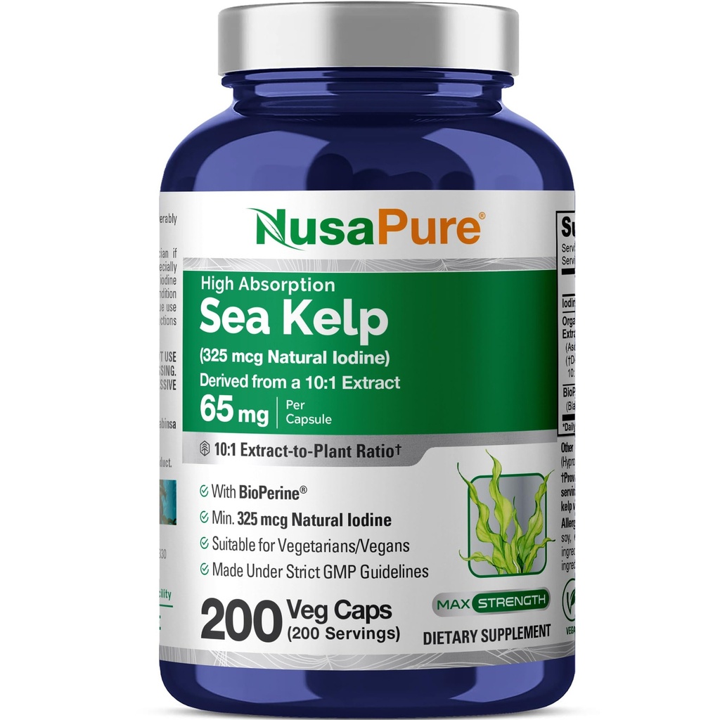 NusaPure Sea Kelp Natural Jod 325mcg 10: 1 Extract, 65 mg Tilsvarende 650 mg Capsule 200 Count (non-GMO, Vegan)