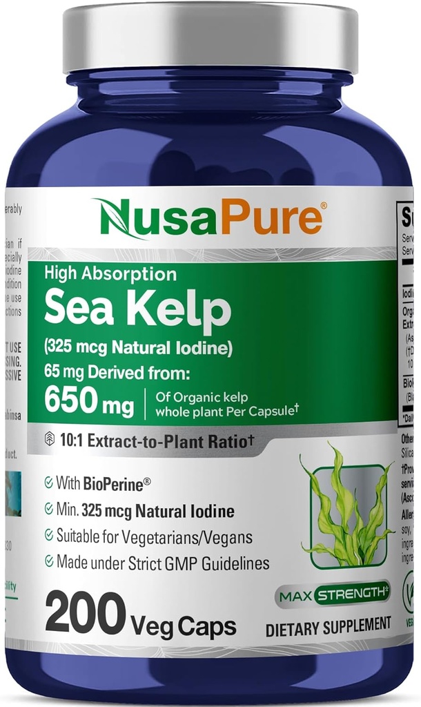 NusaPure Sea Kelp Natural Jod 325mcg 10: 1 Extract, 65 mg Tilsvarende 650 mg Capsule 200 Count (non-GMO, Vegan)
