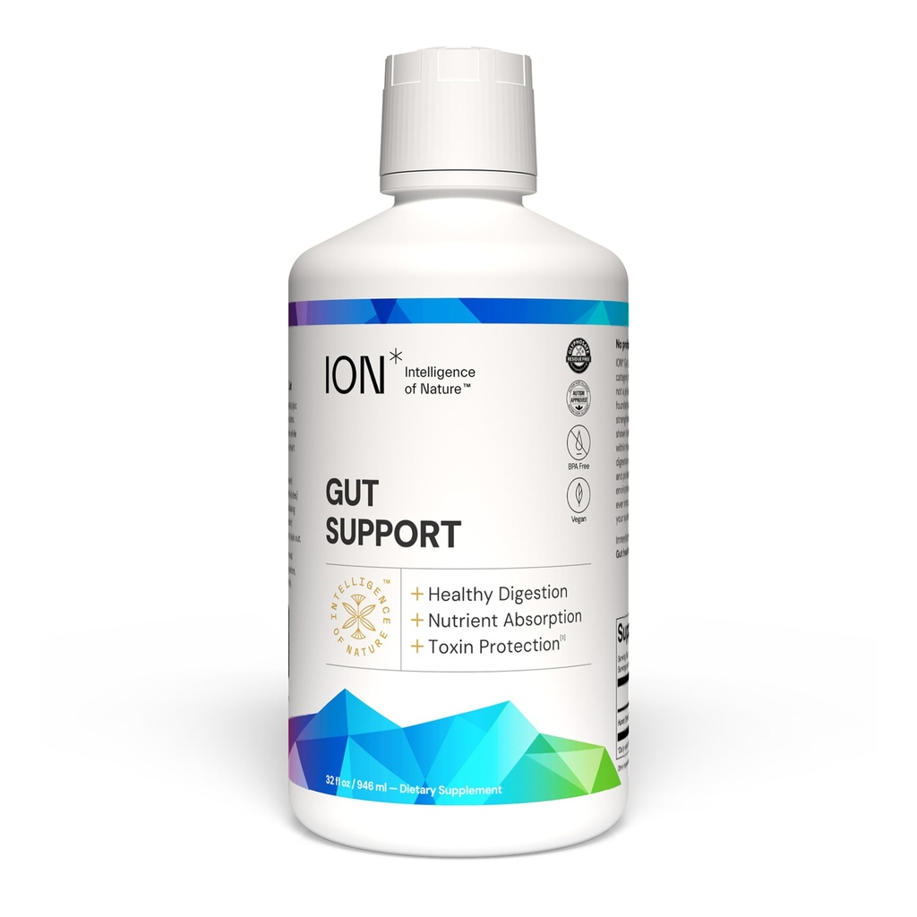 ION * Intelligence of Nature Gut Support Liquid Supplement - Gut & Diguestive Health Liquid Drops, Rense & Detox med Humic Extract for Women & Men, Voksne & Børn 4 + - 32 fl oz (Pack of 1)