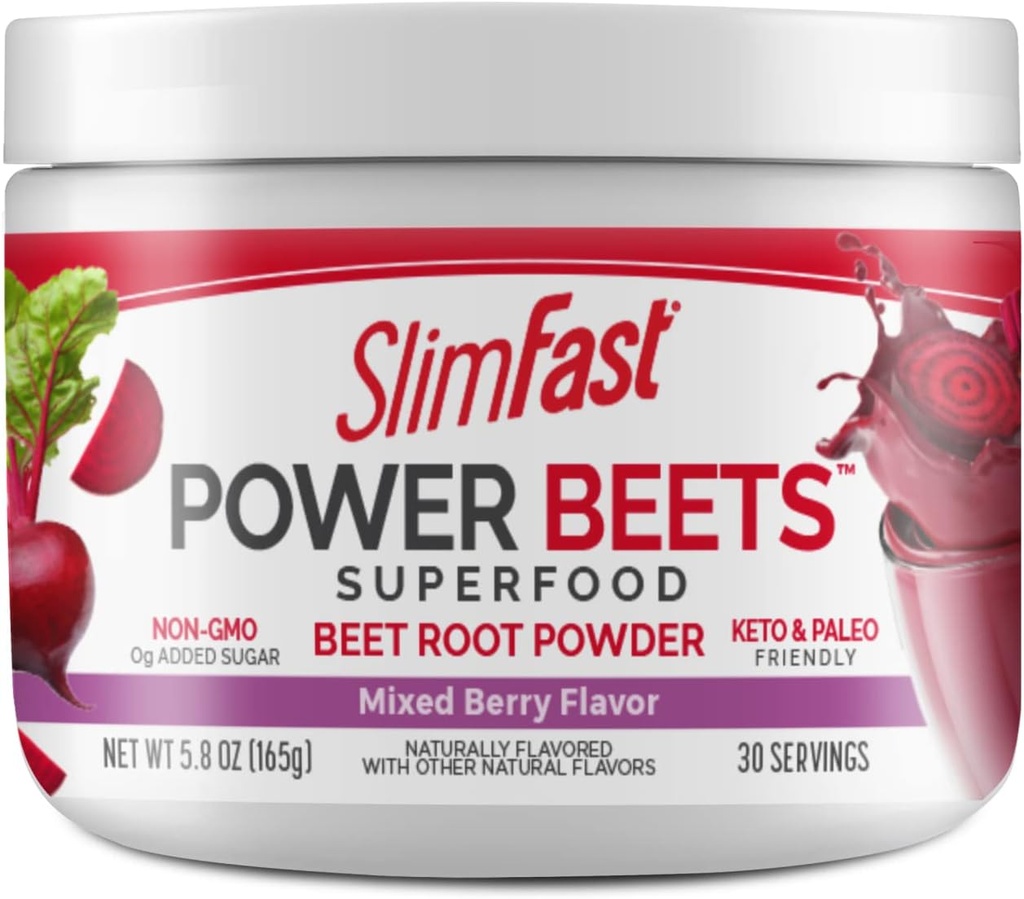 SlimFast Beet Root Powder, Beets Powder Superfood, Gæret vegetabilsk drik mix, Keto & Paleo Friendly, Non GMO, Great Smoothie Mix- Power Beets Mixed Berry Flavor - 30 Servering (pakke med 1)