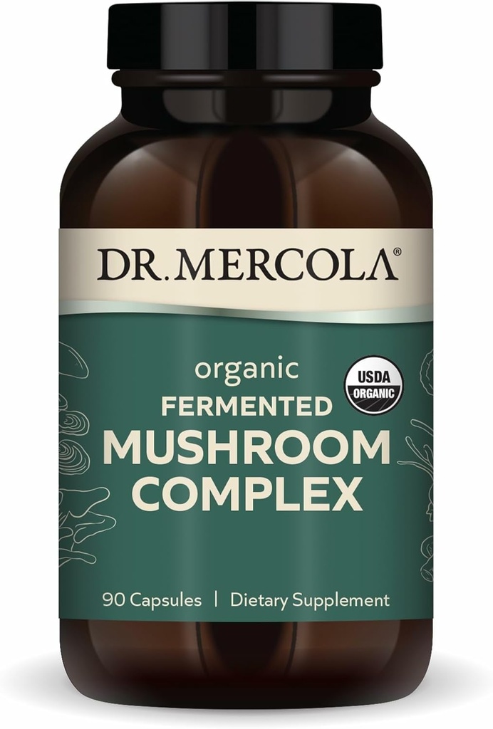 Dr. Mercola Organic Fermented Mushroom Complex - Understøtter immunforsvar og cellular sundhed - Whole Mushroom & Mycelium - Non- GMO & Gluten- Free - 90 kapsler (30 Servere)