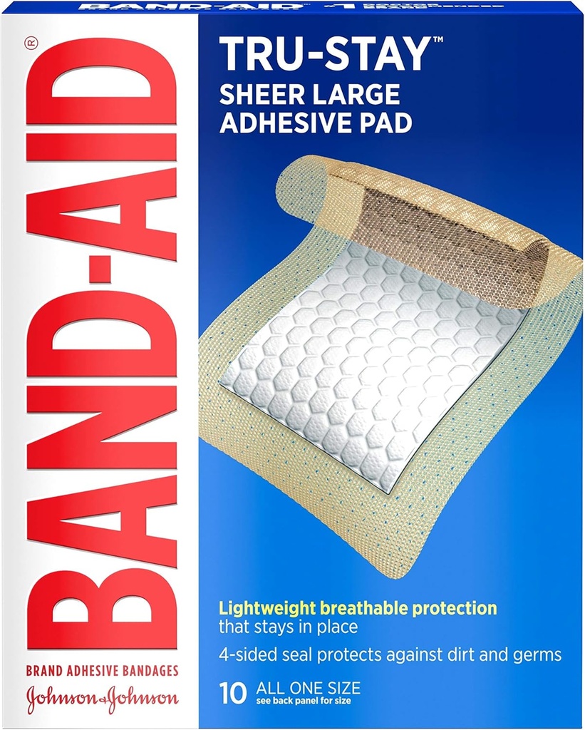 Band- Aid Brand Tru- Stay Adhesive Pads, Steril Sheer Bandager til førstehjælp & Sårpleje, Pad Covers & Beskytter Minor Cuts, Scrapes & Burns, Letvægt, Stor størrelse, 10 Greve