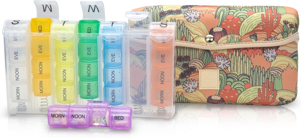 Lavet Easy Kit Pill Case Stor 7-dag / 28 Kompartmenter i Neopren Carrier med opbevaring Pill Box i Daily in Morn, NOON, EVE, Bed a Weekly Vitamin, Medicin, Capsule Organisation (Khaki Desert Cactus)