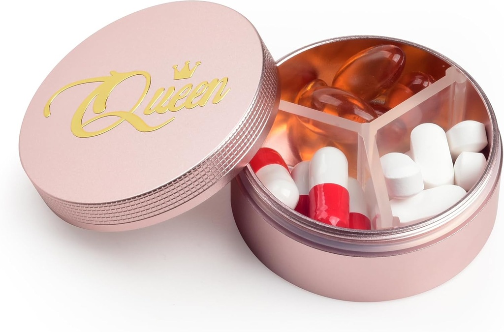 Lille pillekasse 3 afdelinger, Metal Round Portable Pill Box, Vandtæt Rejsepille Organizer, Pocket Purse Medicine Vitamin Holder EDC Container (Rose Gold med dronning)