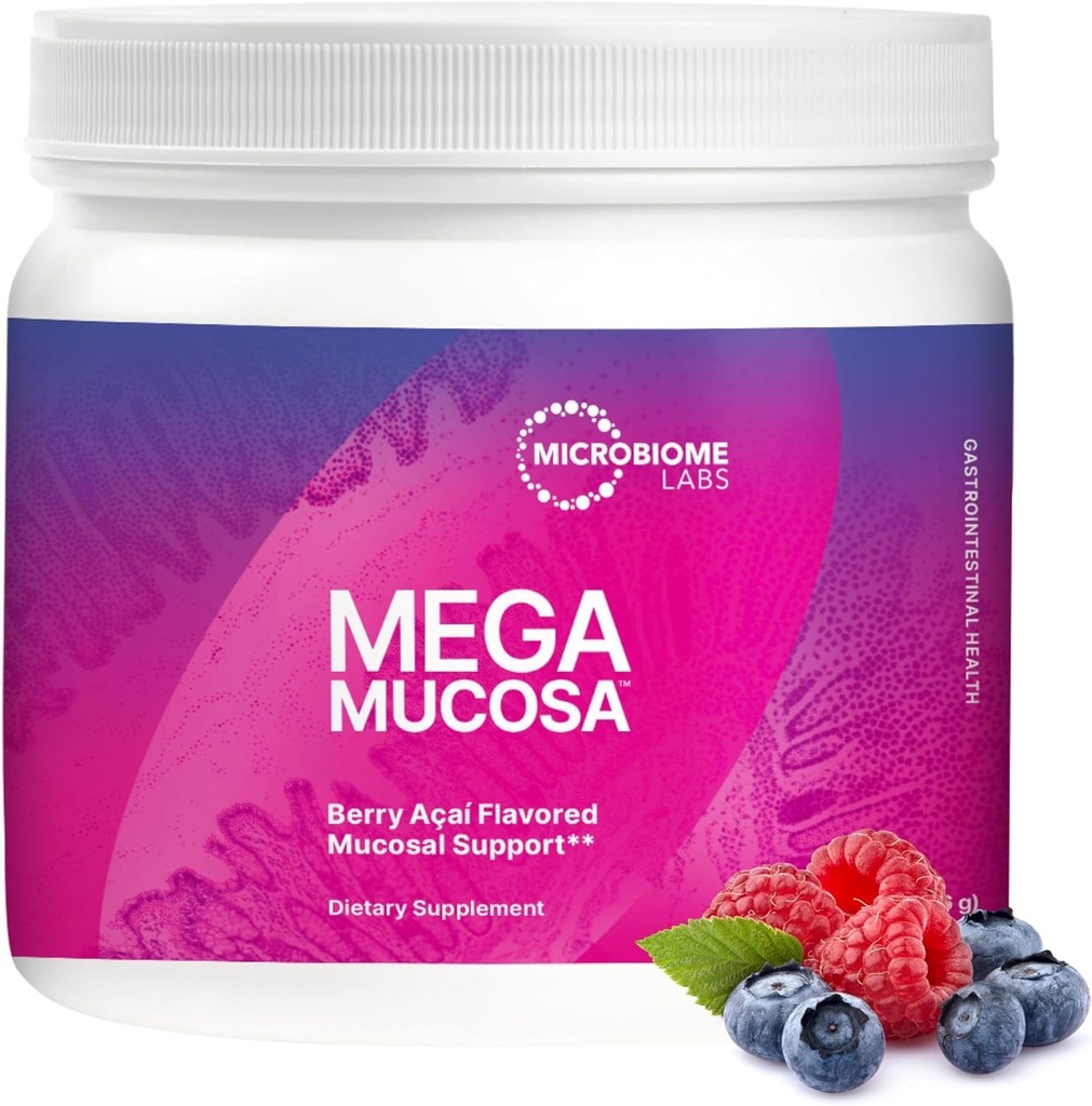 Mikrobiome Labs MegaMucosa Gut Health Powder - fordøjeligt supplement med komplet mucosal støtte til sund Gut & immunfunktion - Dairy- Free immunoglobulins & Aminosyrer - Berry Acai (5.5 oz)
