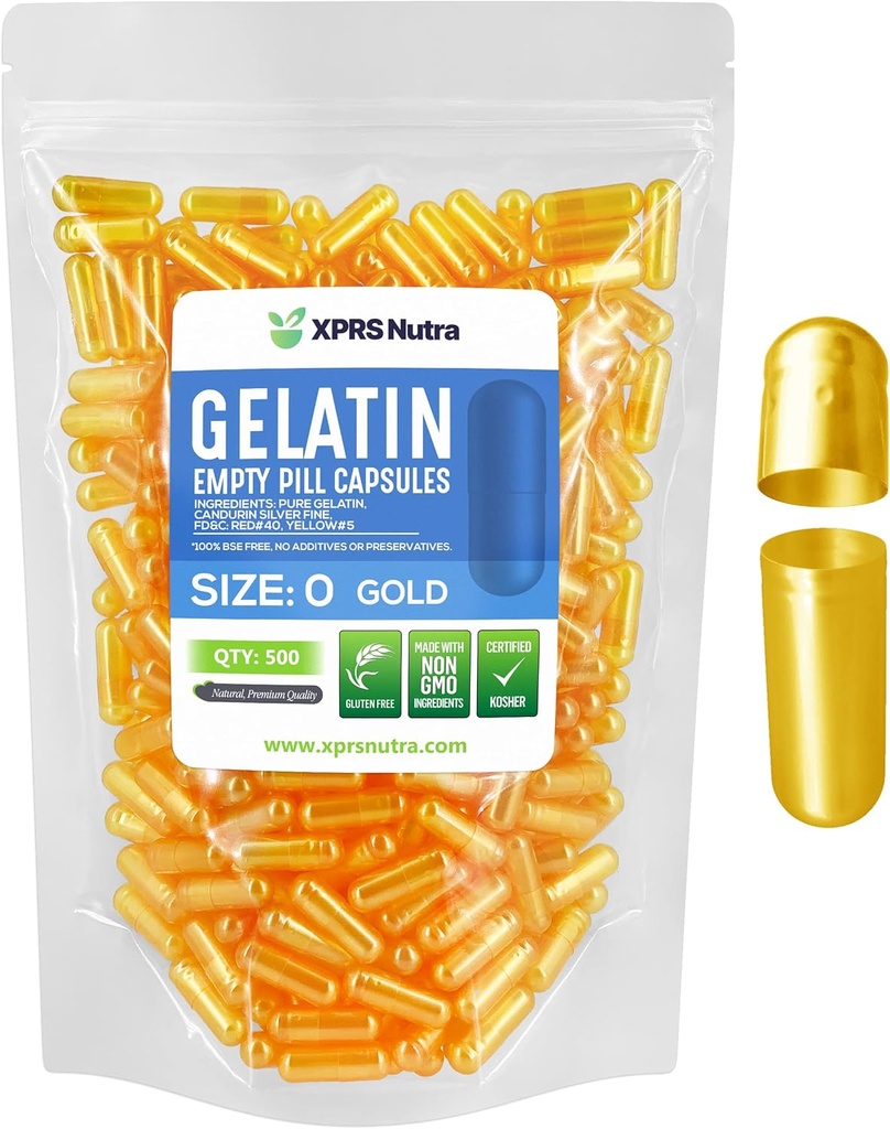 XPRS Nutra Størrelse 0 Tomme kapsler - 500 Tomme Gelatine kapsler - Pille gør det - Pure Bovin Pill Gel Caps til Do- It- Yourself Kosttilskud (Guld)