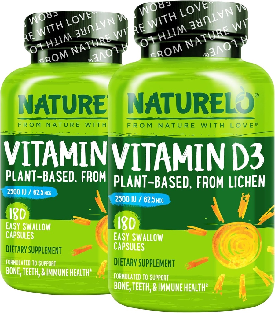 NATURELO D-vitamin - 2500 IE - Plant baseret på Lichen - Natural D3 Supplement for immunsystem, Knoglestøtte, fælles sundhed - Vegan - ikke-GMO - Gluten Free - 180 kapsler (pakning med 2)