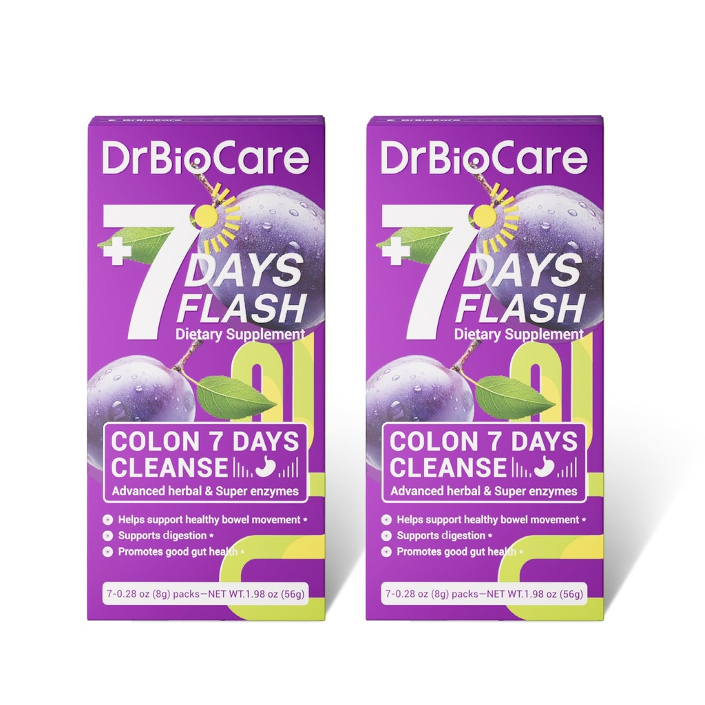 DrBioCare Colon 7 dage Cleanse, 7 dage Flash, Colon Cleanse, Detox & fordøjelsesstøtte, Prune Flavor - 14 pakker