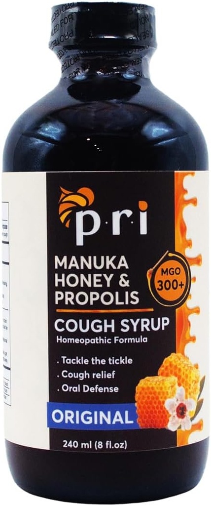 P.R.I Natural Dry Hough Syrup med Manuka honning, Propolis, Tea Tree Oil og C-vitamin - Sore Throat & immunforsvar, Original Flavor, 8oz
