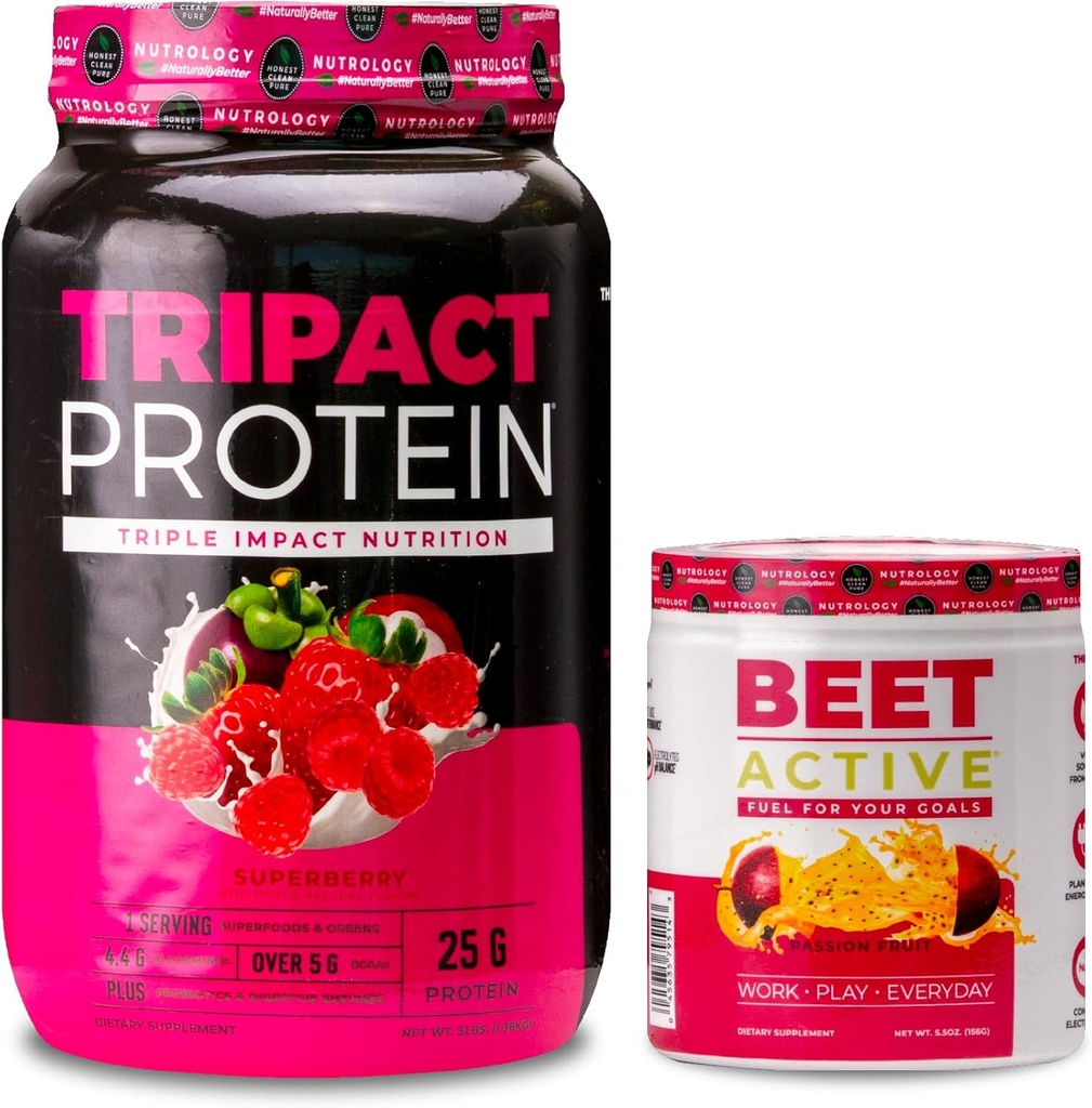 Nutrologi TRIPACT Protein Powder, 7- in-1 Meal Erstatning Shake, Superberry (40 Servere) Beet Active, Natural Pre- Workout Powder, Passion Fruit Flavor (30 Servere)