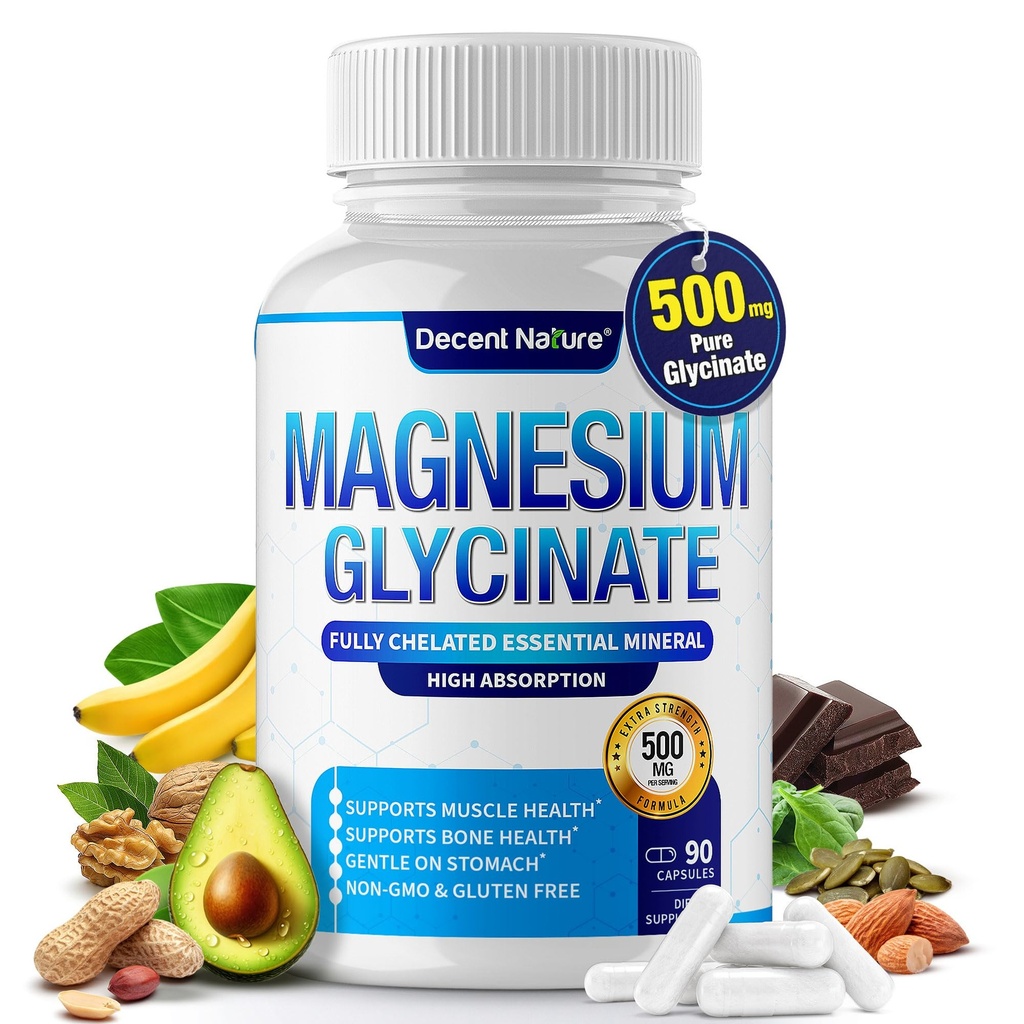 Magnesium Glycinat 500mg Magnesiumtillæg - Chelated for High Absorption & Bioavailability Support Sleep, Muscle, Bones, Cramps, Recovery & Energy, Vegan Non- GMO 90 Kapsler