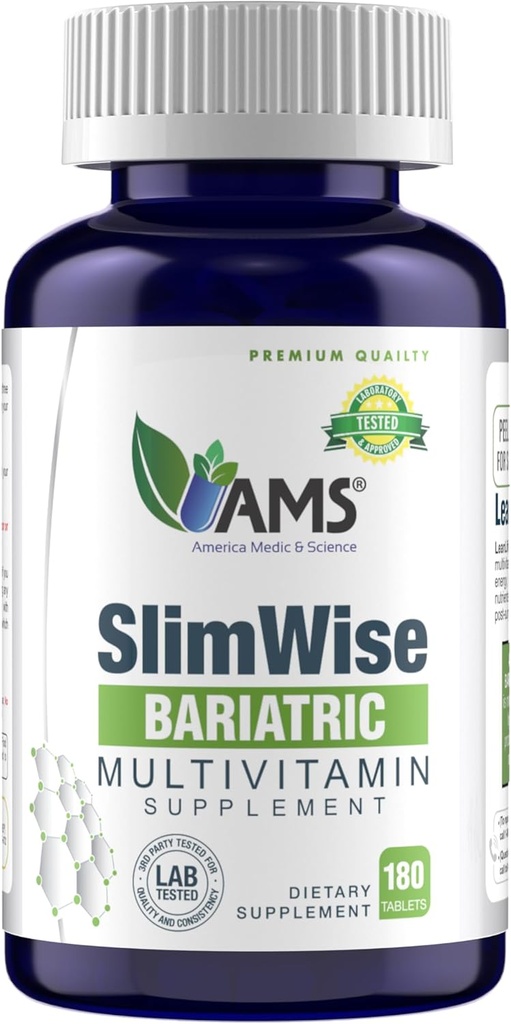 America Medic & Science SlimWise Bariatric Multivitamin - 180 Caplets Name 124; 2- Months Supply Name 124; Post Gastric Bypass & Sleeve Support # 124; Iron, B12, Vitamin D3, Folate Name 124; Easy- to- Swallow Bariatrical Vitamin