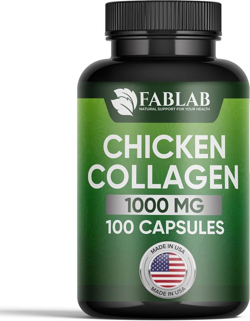 FabLab kylling kollagen type II supplement - Nutritional supplement til fælles, nerve & ben støtte - ikke-GMO, Anti- Aging Kosttilskud med hydrolyseret peptider - 100 kapsler