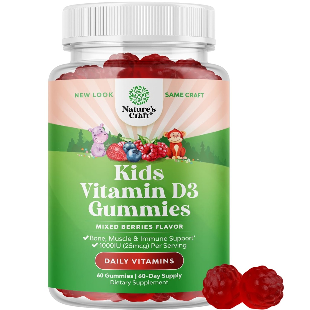 Tyggegummi D-vitamin til børn - lækker D-vitamin 1000 IE per servering - Toddlers immunsupport Gummies - bær tilsat smag for ben sundhed & muskler - Gelatine Free - 60 Tygge