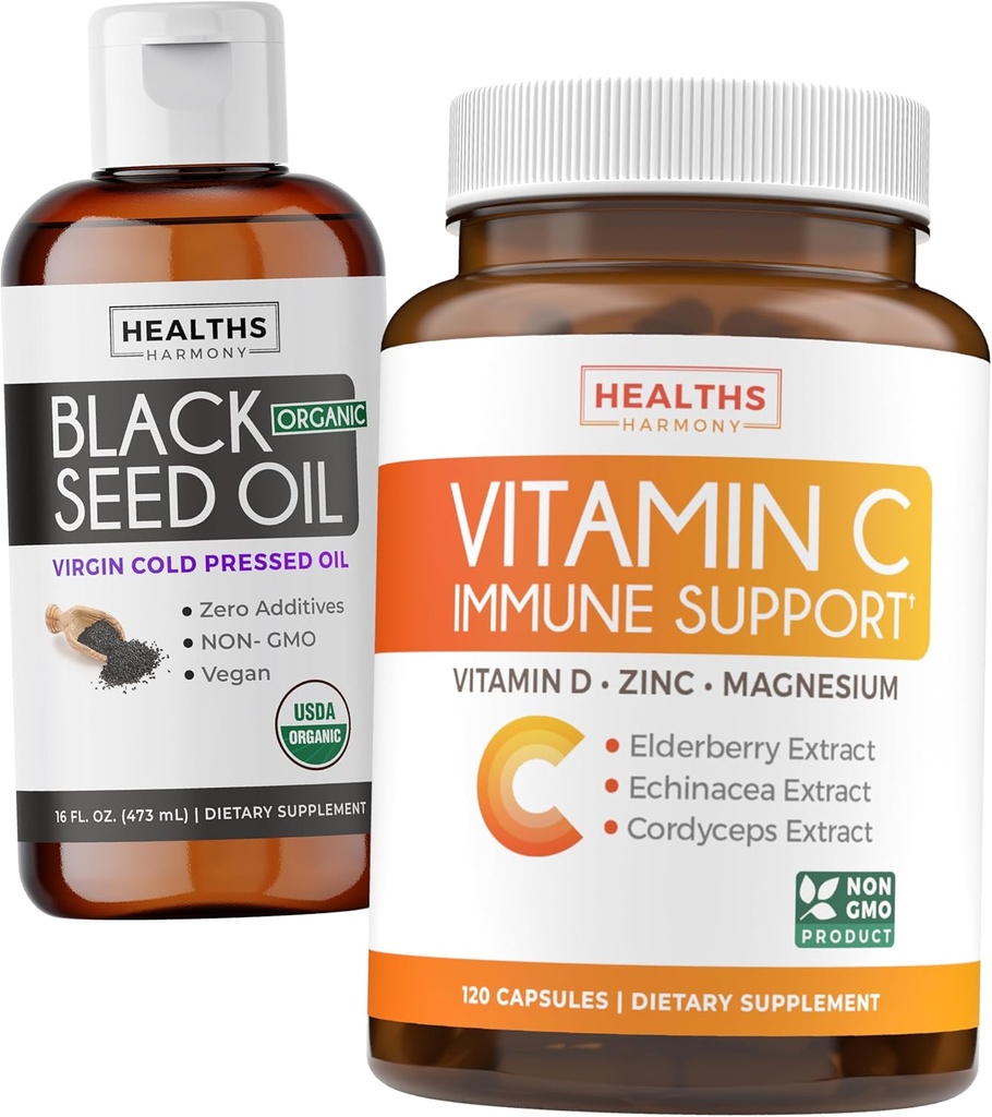 Black Seed Oil Liquid & immun Support (2-måneders Supply) Immunsystemet Maximizer Bundle - Black Seed Oil Liquid (16fl.oz) Premium Cold- Pressed Clack Cumin Seed Oil & Vitamin C immunstøtte (120 Veg Caps)