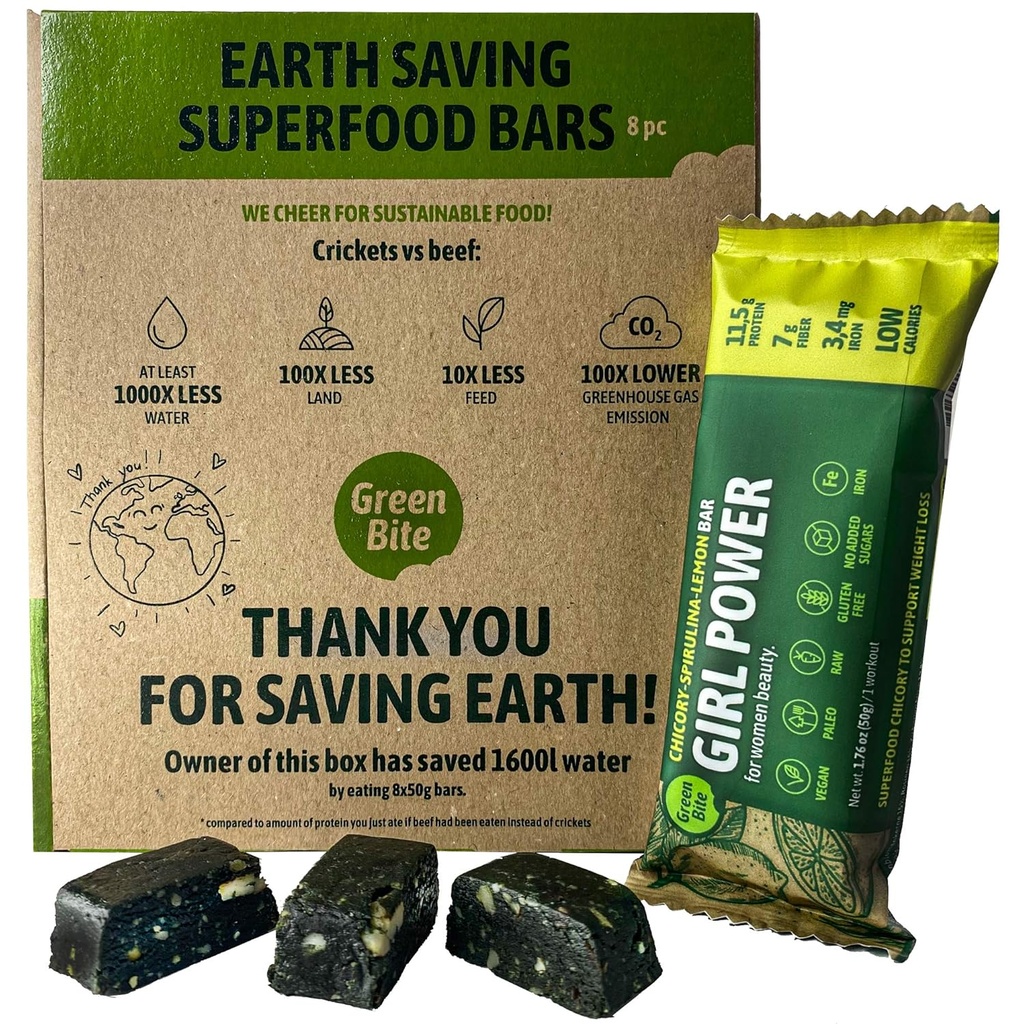 Pige Power Protein Bars Low Calorie High Protein, Meal Erstatning Bars til bedste figur, Vegansk Protein Snacks, Iron- Rich Protein Bars, Ingen Sukker, Chicory Spirulina Lemon Flavor, Pack of 8 - Green Bite