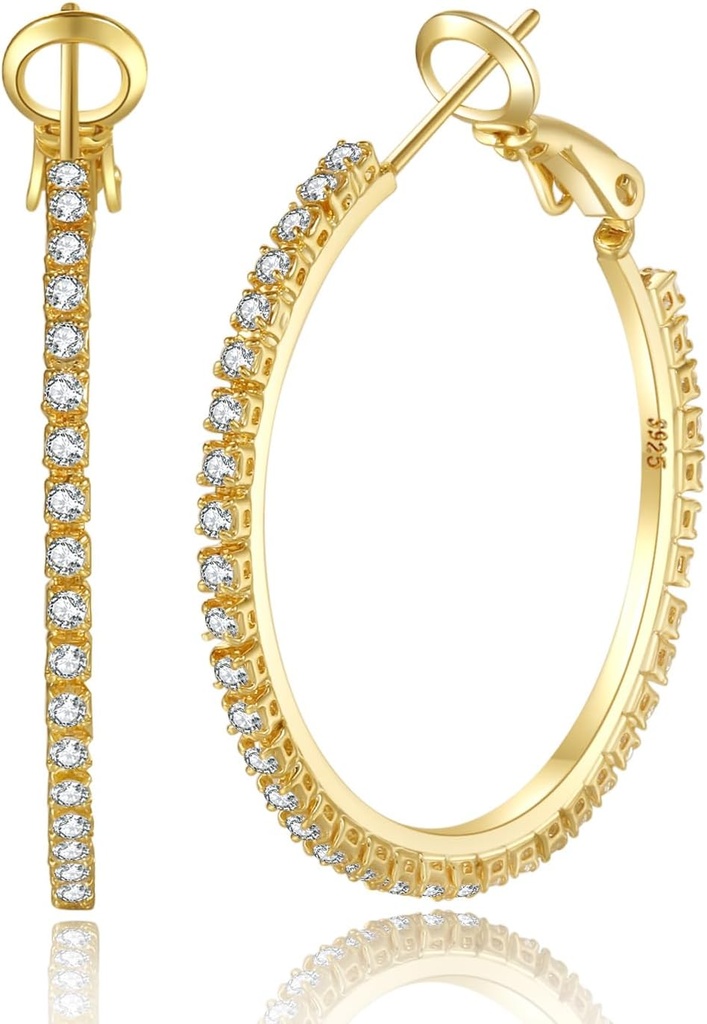 PABBEU 2mm 925 Sterling Sølv øreringe Big Sterling Sølv Hoop øreringe til kvinder Store Rhinestone Hoop øreringe Thin Hypoallergen Cubic Zirconia øreringe til kvinder 30 / 40 / 50 / 60 / 70mm