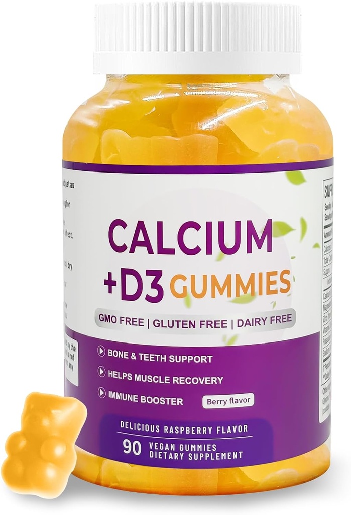 Calcium Magnesium Zinktilskud Gummies D3- 90 Tablets Per Flaske (Calcium 500mg - Magnesium 200mg - Zink 10mg - Plus Vitamin - Per Servering af 2 Tablets) Vegan Berry Flavor