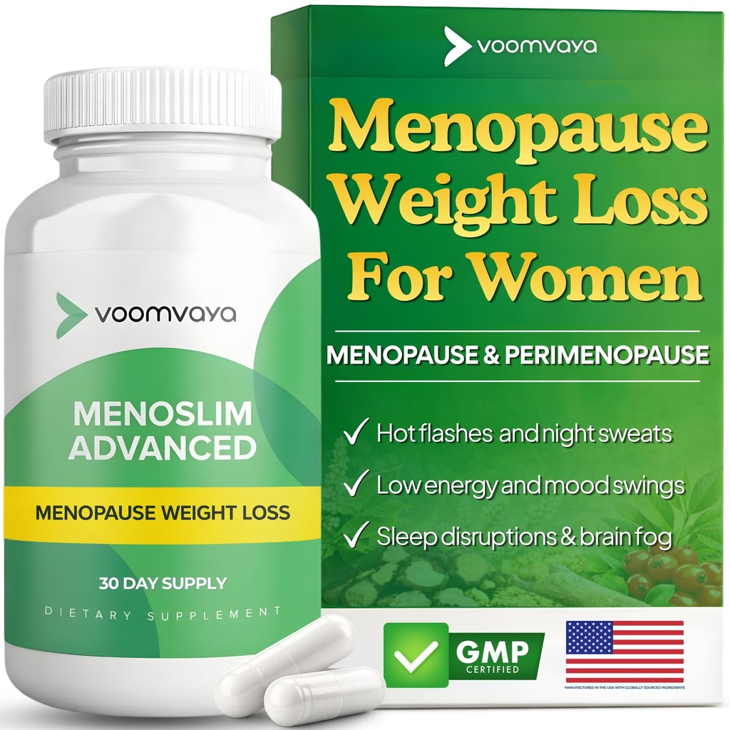 VoomVaya MenoSlim Advanced Menopause Vægttab for kvinder - Menopause & Perimenopause Kosttilskud til kvinder - Østrogen supplement & Menopause Relief for Hot Flush, Bloating, Energi - 60 Kapsler