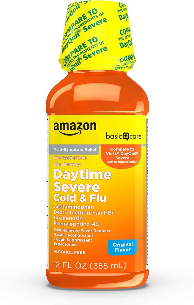 Basic Care Svær Daglig Kold og Influenza, Maksimal Styrke Flydende Kold Medicin, Non- Drowsy, Multi- symptomlindring, for voksne og børn Alder 6 og derover, Original, 12 fl oz (Pack of 1)