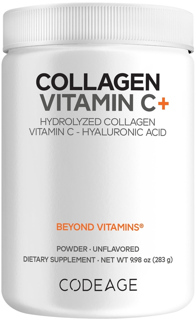 Codeage Collagen Peptides Powder + Vitamin C - 20g Grass-Fed Collagen Per Serving - Digestive Enzymes, Hyaluronic Acid, 18 Amino Acids - Hydrolyzed Collagen Protein - Non-GMO, Unflavored - 9.98 oz