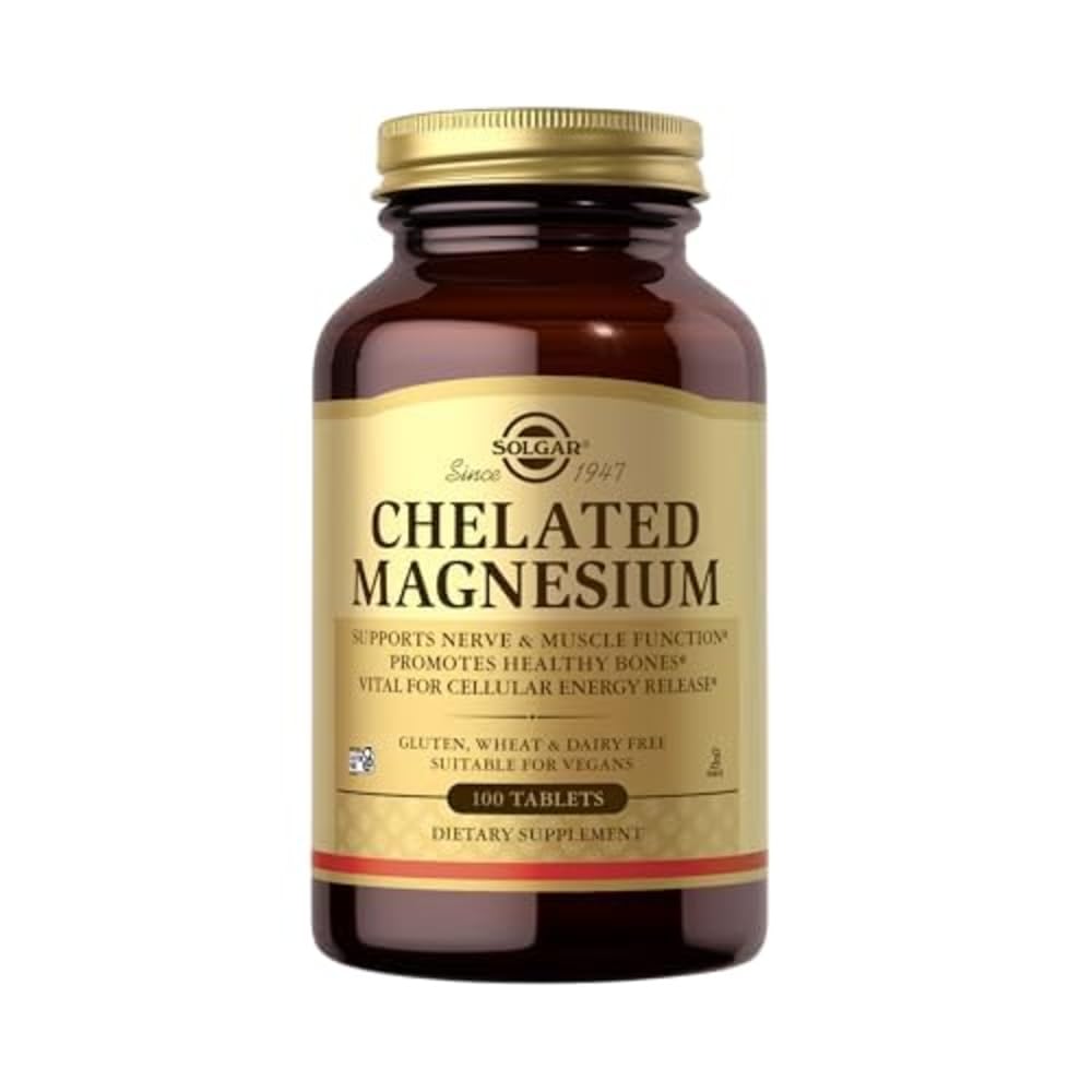 Solgar Chelated Magnesium - 100 tabletter - Understøtter Nerve & Muskelfunktion - Non-GMO, Vegan, Gluten Free, Dairy Free, Kosher - 25 Servere