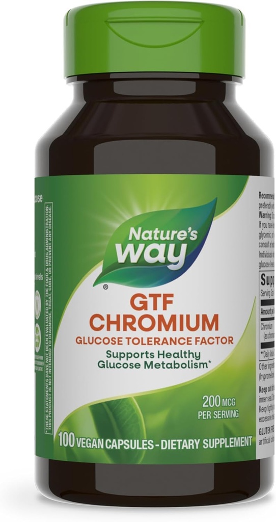 Nature 's Way GTF Chrom, Glucose Tolerance Factor, Understøtter sund Glucose Metabolisme *, 200 mcg Chrom per Serving, 100 Veganske kapsler (Packaging May Vary)