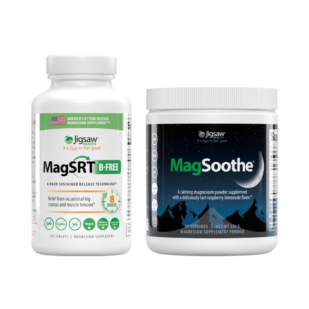 Jigsaw Health Magnesium Bundle; MagSRT (B- Free), 240 tabletter, og MagSoothe (Raspberry Lemonade), 60 Servere (Jar)