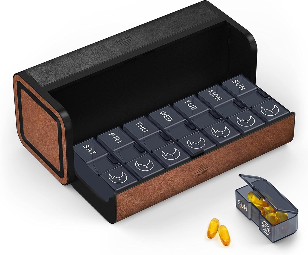 Medicin Pill Organizer, 7 Dag PM Pill Box 2 gange om dagen, Travel Leather Pill Case, Pressing The Double Open, Holds Medicin Vitamin Fish Oil og kosttilskud (sort og brun)