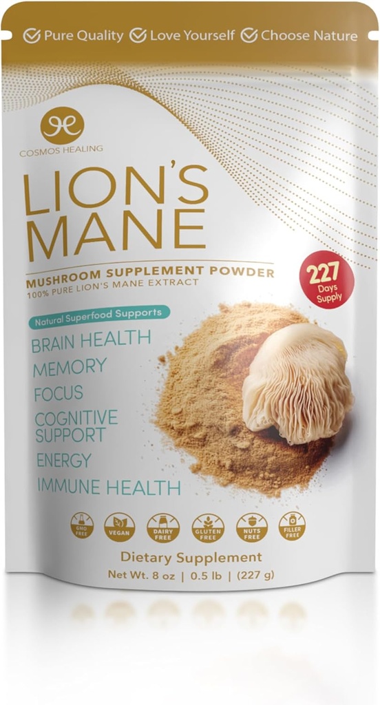 Lion 's Mane Mushroom Supplement Powder, 8 oz ttesmå 124; Natural Superfood for Focus, Memory, Brain Health, Cognitive Support, Immunboost, Nerve Health, Energy ttesmå 124; 227- Day Supply; Vegan, Non- GMO