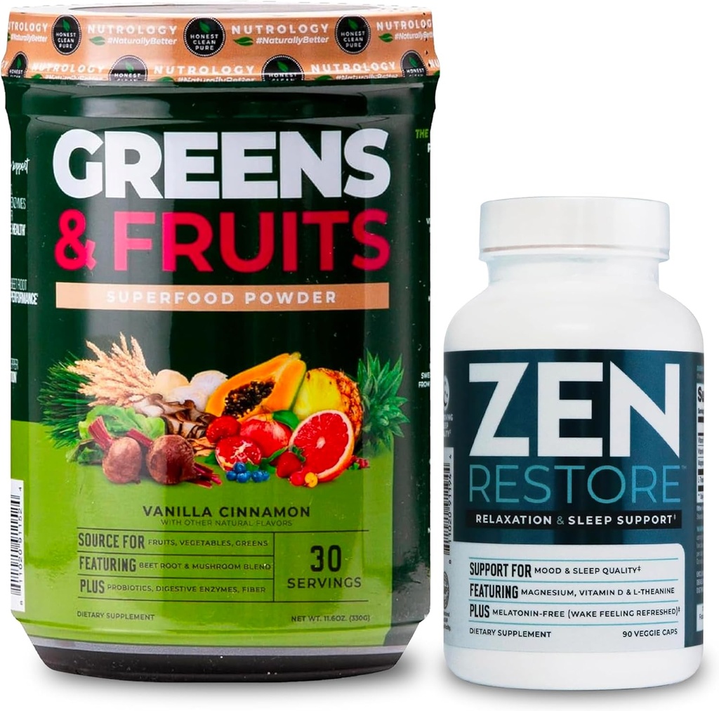 Nutrologi Grønne & frugter Powder- naturligt sourced superfood, Vanilla kanel (30 Servere) Zen Natural Magnesium Supplement (30 Servere)
