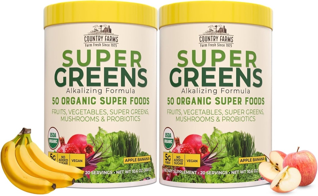 Country Farms Super Green Apple Banana Powder Smoothie, Organic Super Foods, USDA Organic Drink Mix, Frugter, Grøntsager, Svampe, Superfood Nutrition, 40 Servering, 2 Pack