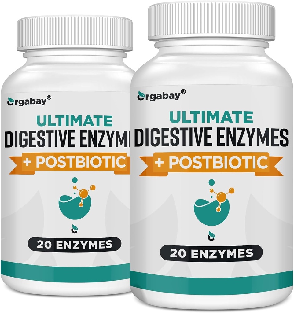 Orgabay fordøjelsesenzymer 1000mg med Postbiotika, 20 Enzyme Blend til bloating, Optimal fordøjelse og Gut funktion, 120 Veggie kapsler