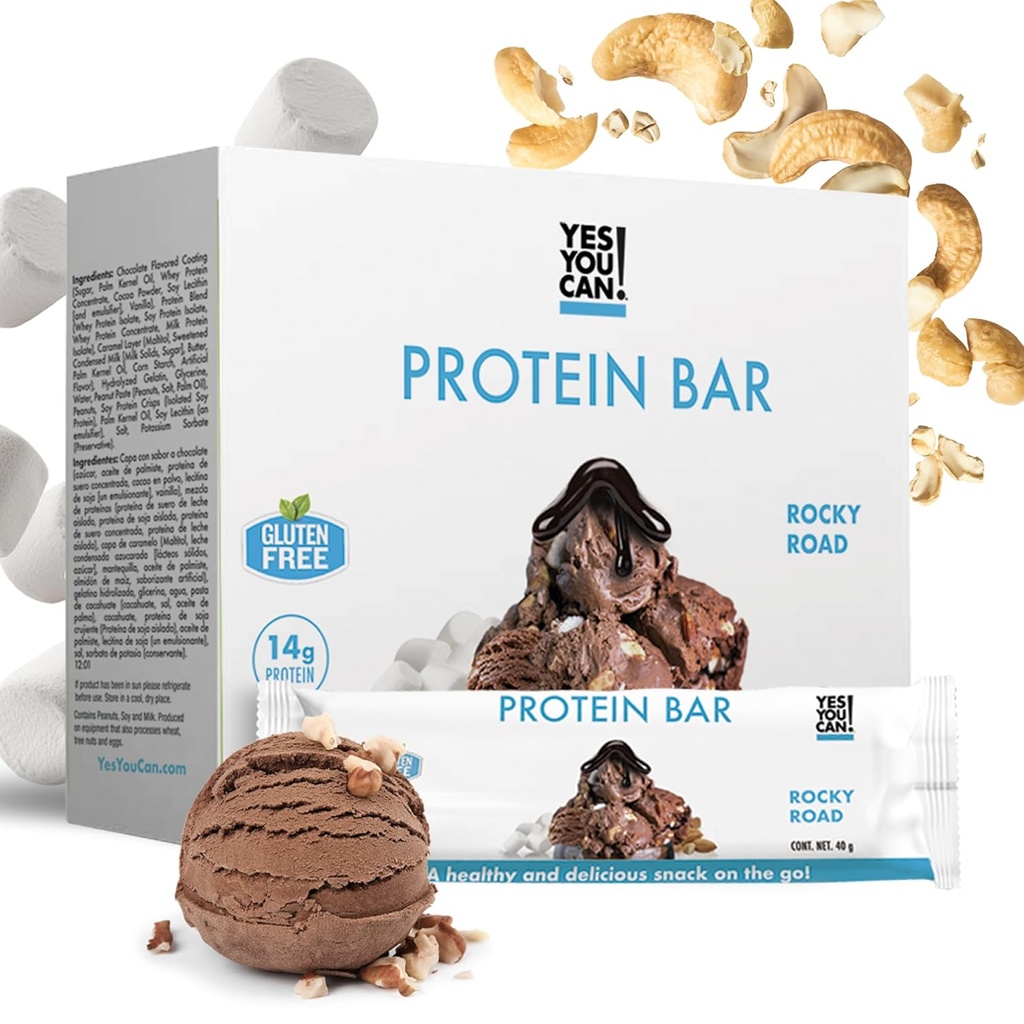 Ja, du kan! High Protein Bites - Box af 7-1 Pack: High Protein Snacks for hele familien, Protein-Rich Snack, Savory og Flavorful Protein Snack, Sund og Crunchy Snack På farten (Rocky Road)