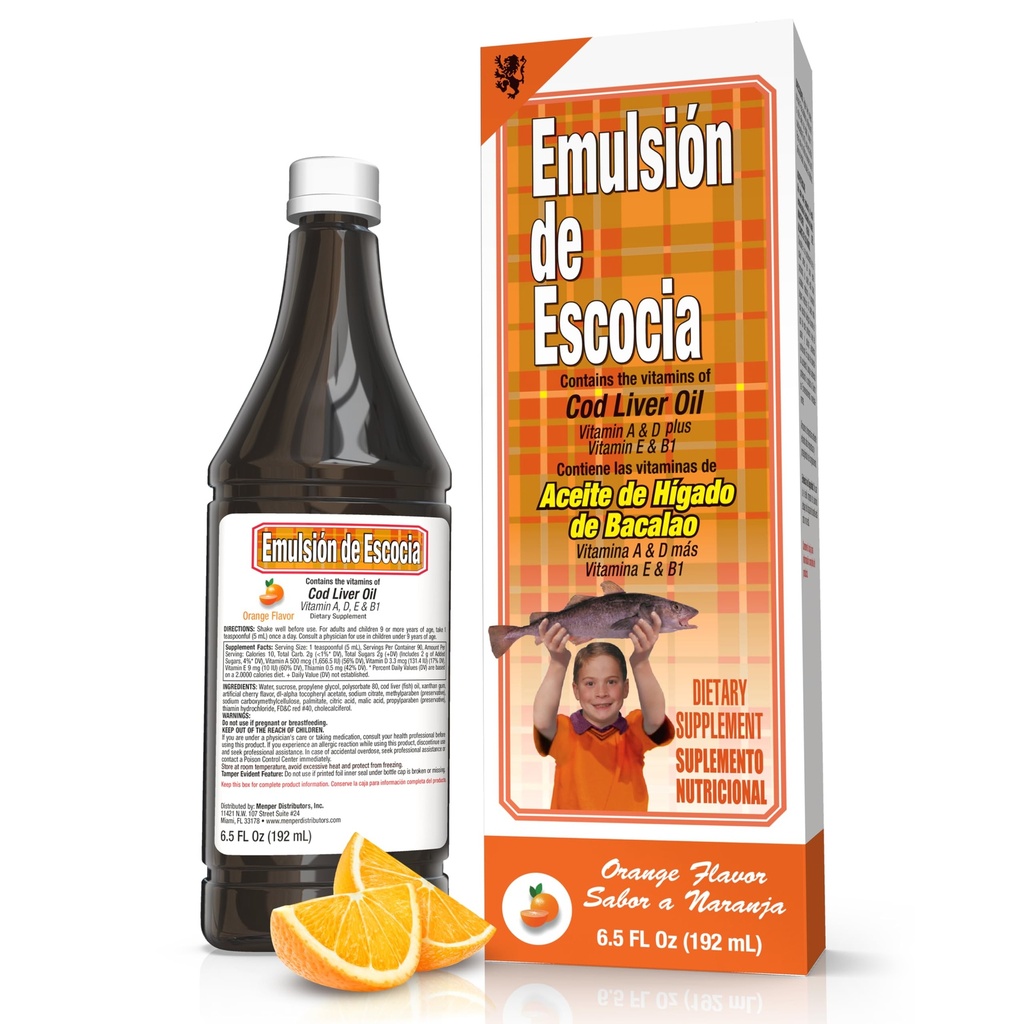 EMULSION DE ESCOCIA Cod Lever Oil, Orange Flavor, 6.5 fl oz (1 Pack) - Fiskeolie med vitaminer A, D, E, B1, Omega-3 for immun- og knoglesundhed, børn og voksne