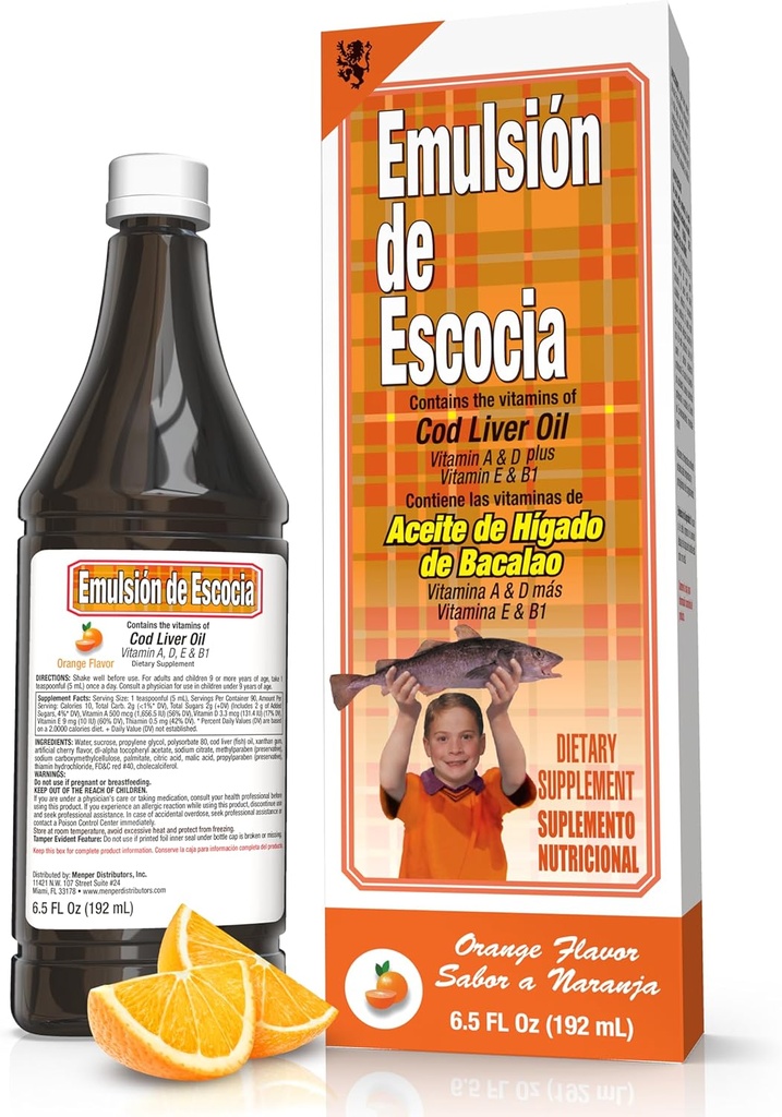EMULSION DE ESCOCIA Cod Lever Oil, Orange Flavor, 6.5 fl oz (1 Pack) - Fiskeolie med vitaminer A, D, E, B1, Omega-3 for immun- og knoglesundhed, børn og voksne