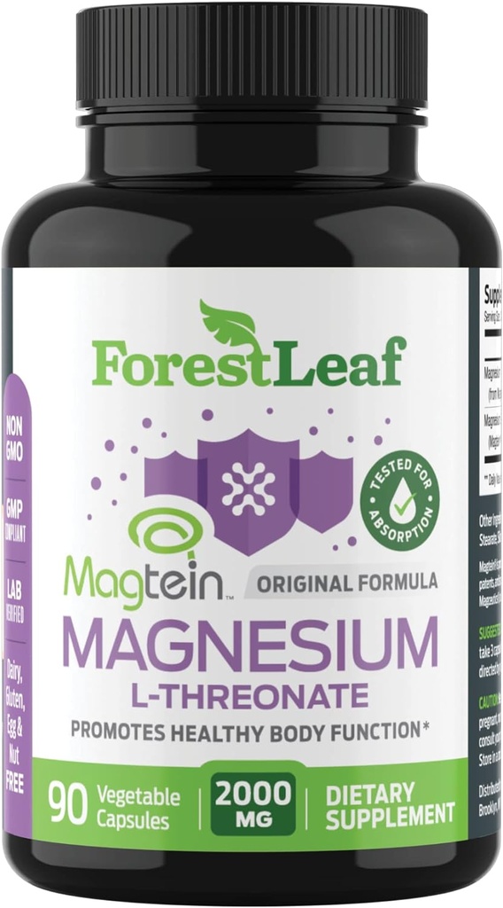 Forest Leaf Magnesium L-Threonate Magtein Capsules - 2000mg Magnesium Threonate Supplement Supports Cognitive Function, Focus, Brain, Deep Calm and Sleep for Men & Women | 90 Powder Veg Caps