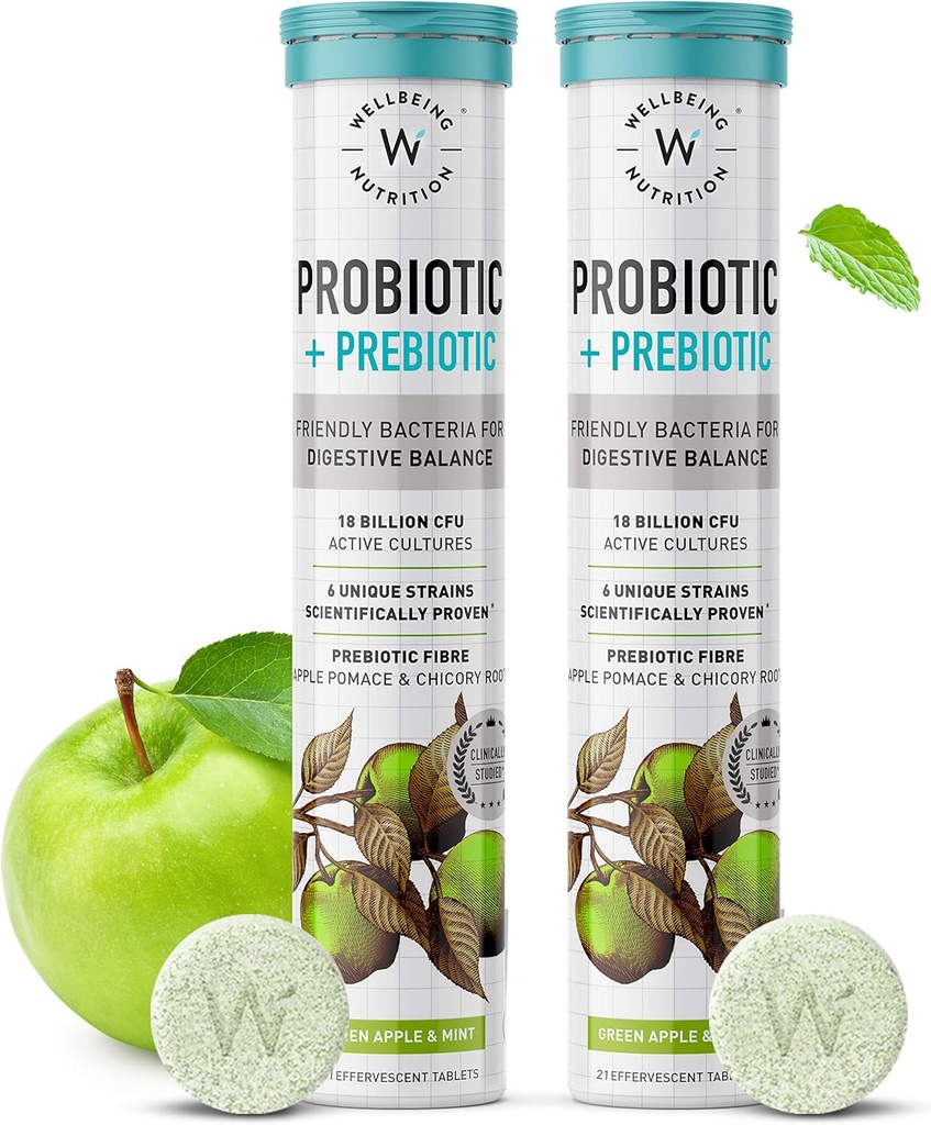 WELLBEING NURITION Daglig Probiotisk + Prebiotisk + 124; Plante baseret på 124; 18 Millioner CFU, 6 Strops til mænd og kvinder med Organic Prebiotic Fiber til fordøjelse, Gut sundhed, Metabolisme; 124; 42 Effervescent Tabs