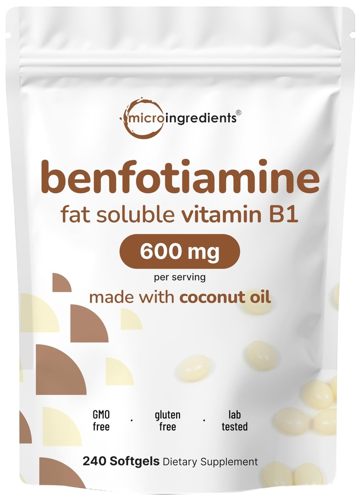 Micro Ingredients Vitamin B1 Benfotiamin 600mg Per Serving, 240 Coconut Oil Softgels - 124; Biotilgængelig B Vitamin supplement, konverteret til aktiv thiamin - 124; Non- GMO, Soy Free