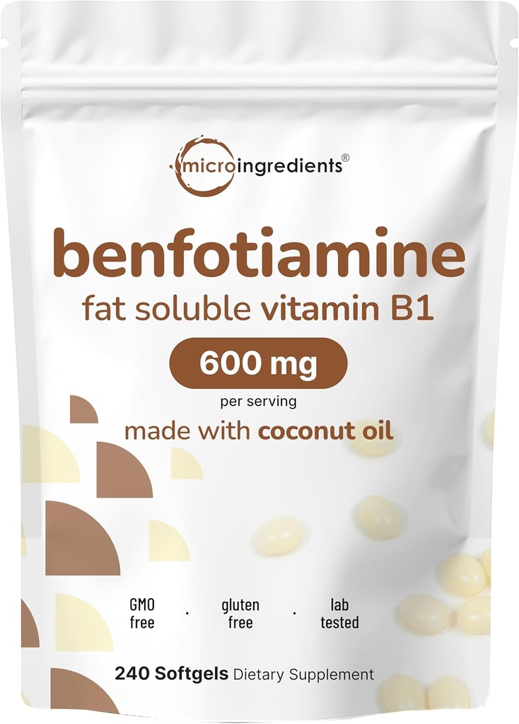 Micro Ingredients Vitamin B1 Benfotiamin 600mg Per Serving, 240 Coconut Oil Softgels - 124; Biotilgængelig B Vitamin supplement, konverteret til aktiv thiamin - 124; Non- GMO, Soy Free