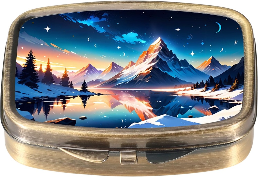 Dynippy Pill Case Pill Box med spejl Retro Pocket 2 Compartment Medicine Case Vitamin Pill Organizer for Pocket Purse and Travel (Retro- Snowy Mountain Reflections)