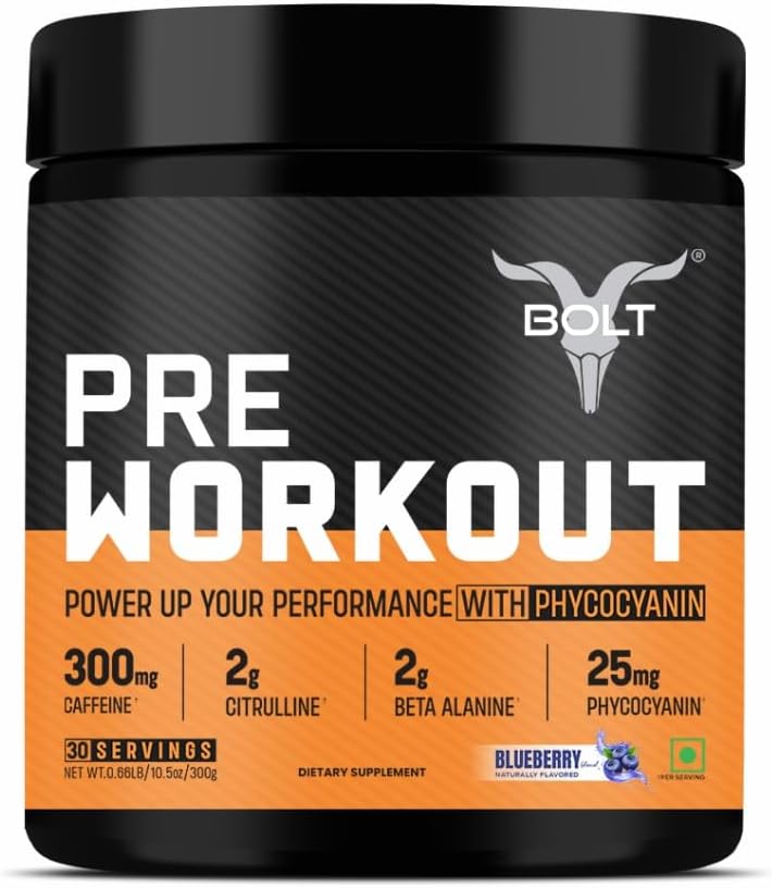 Bolt Pre Workout Supplement med koffein, Citrullin Malat, B- Alanine, Taurine Buddy 124; Eksplosiv energi, Pump & Focus Buddy 124; 300g, 30 Servering Buddy 124; Blue Berry Blast