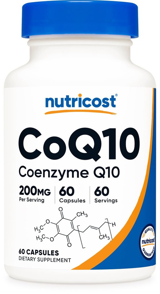Nutricost CoQ10 200mg, 60 Vegetarian Capsules, 60 Servings - High Absorption, Vegetarian, Non-GMO, Coenzyme Q10