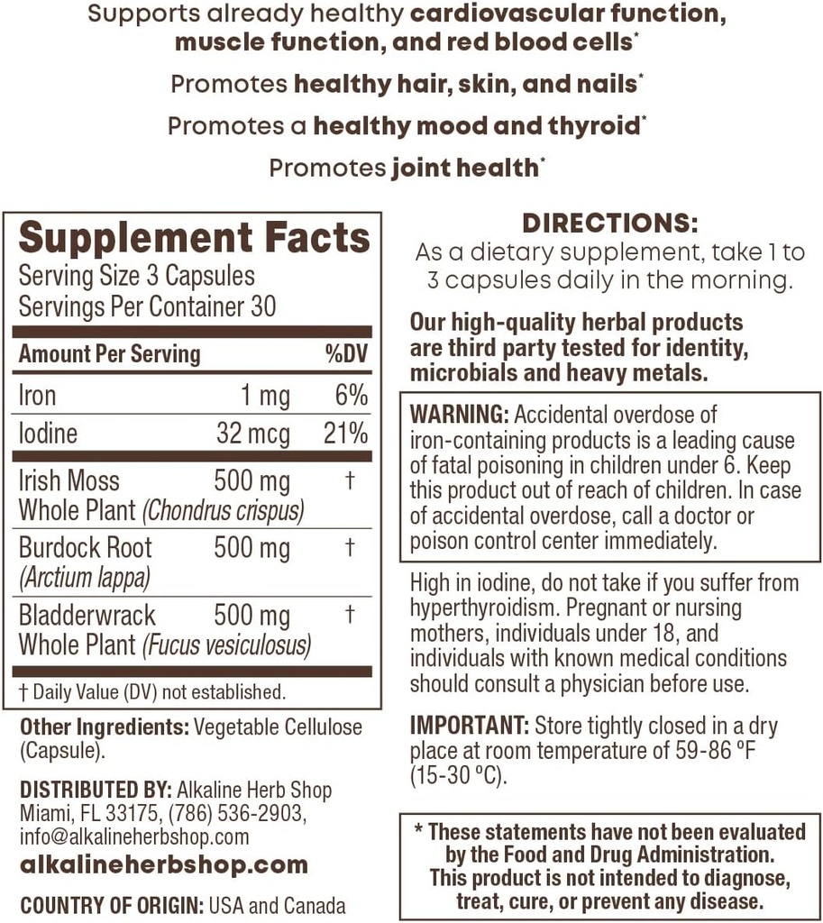 Alkaline Herb Store Sea Moss, Burdock Root, & Bladderwrack Supplement 90 Kapsler