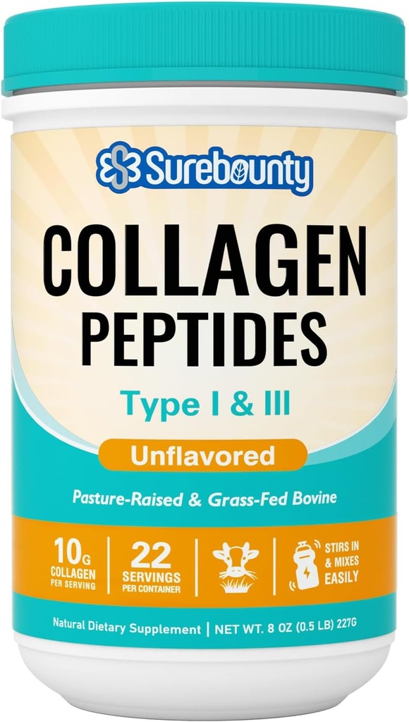 Collagen Peptider Powder, Type I & III, Grass- Fed Bovine Kilde, Unflavored, Opløser nemt, Hud, Hår, Negle & Muskelpleje, Paleo & Keto Friendly, 8oz