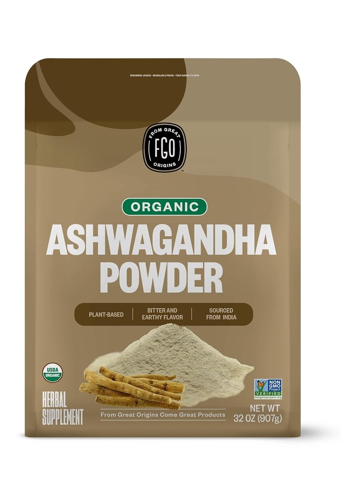 FGO Organic Ashwagandha Root Powder, 32oz Resealable Bulk Bag, Non- GMO, Indian Ginseng, Withania Somnifera, Sourced from India (Pack of 1)